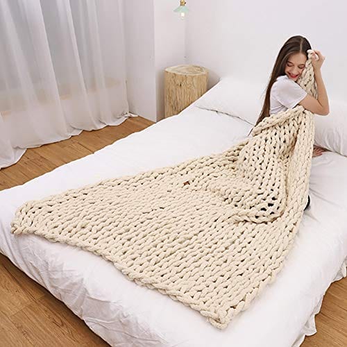 Soft and Cozy Chunky Knit Chenille Throw Blanket - Boho Home Decor - Beige 32x32