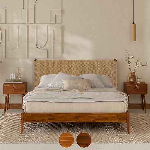 Wood Platform Bed Frame with Unique Handcrafted Paper Cord Headboard - No Box Spring Needed - Sturdy Acacia Wood - Easy Assembly - Caramel