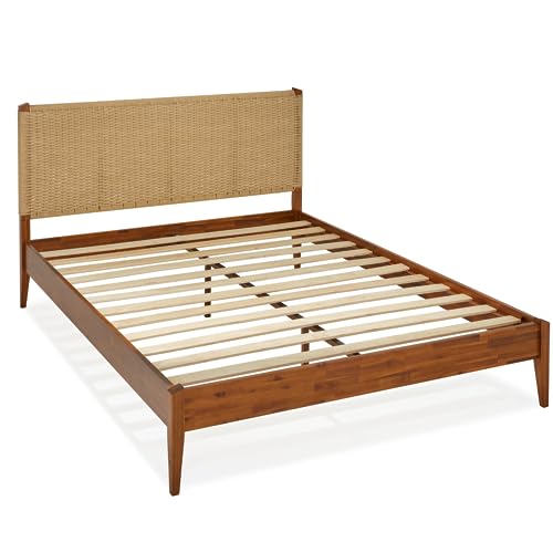 Wood Platform Bed Frame with Unique Handcrafted Paper Cord Headboard - No Box Spring Needed - Sturdy Acacia Wood - Easy Assembly - Caramel