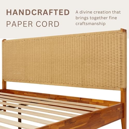 Wood Platform Bed Frame with Unique Handcrafted Paper Cord Headboard - No Box Spring Needed - Sturdy Acacia Wood - Easy Assembly - Caramel