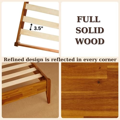 Wood Platform Bed Frame with Unique Handcrafted Paper Cord Headboard - No Box Spring Needed - Sturdy Acacia Wood - Easy Assembly - Caramel