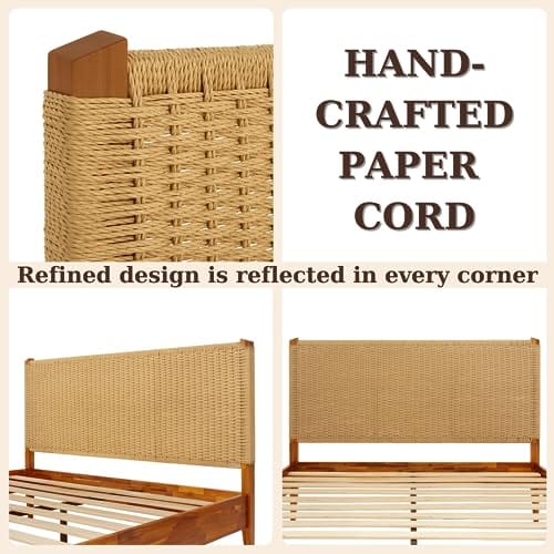Wood Platform Bed Frame with Unique Handcrafted Paper Cord Headboard - No Box Spring Needed - Sturdy Acacia Wood - Easy Assembly - Caramel