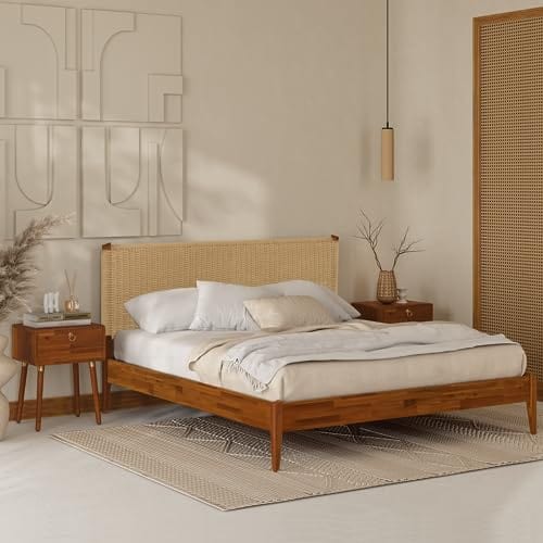 Wood Platform Bed Frame with Unique Handcrafted Paper Cord Headboard - No Box Spring Needed - Sturdy Acacia Wood - Easy Assembly - Caramel