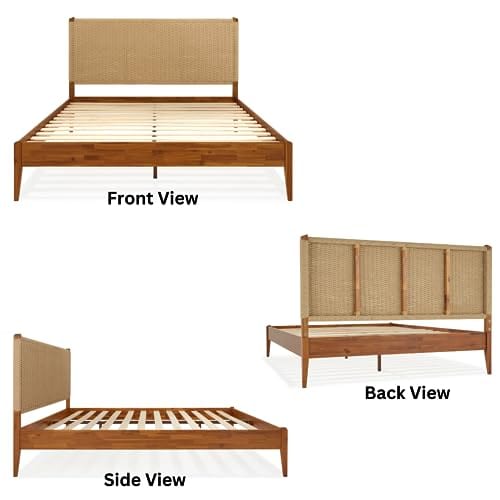 Wood Platform Bed Frame with Unique Handcrafted Paper Cord Headboard - No Box Spring Needed - Sturdy Acacia Wood - Easy Assembly - Caramel