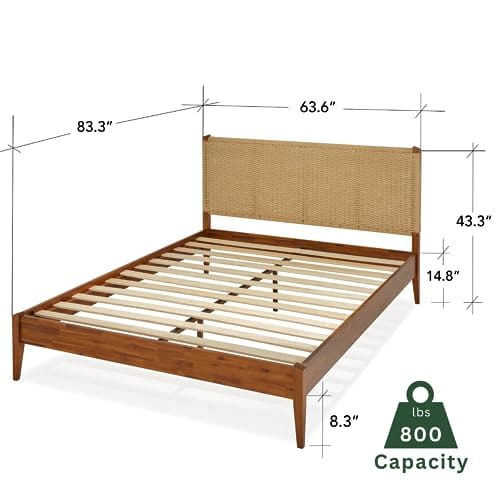 Wood Platform Bed Frame with Unique Handcrafted Paper Cord Headboard - No Box Spring Needed - Sturdy Acacia Wood - Easy Assembly - Caramel