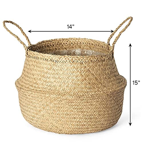XXL Woven Seagrass Plant Basket - Natural-Beige - Indoor Planter Pot with Plastic Liner and Handles - Eco-Friendly Storage for Fiddle Leaf Fig, Snake Plant, and Monstera - Stylish and Multipurpose Home Solution