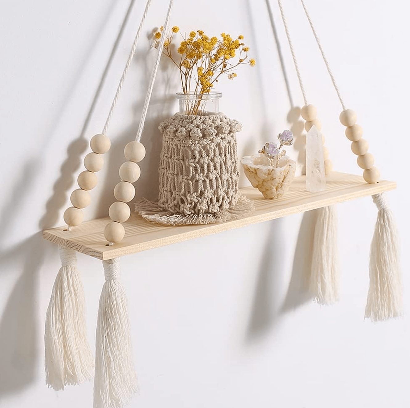 2-Pack Boho Macrame Wooden Wall Shelves: Handmade Rustic Floating Plant Shelves with Tassels