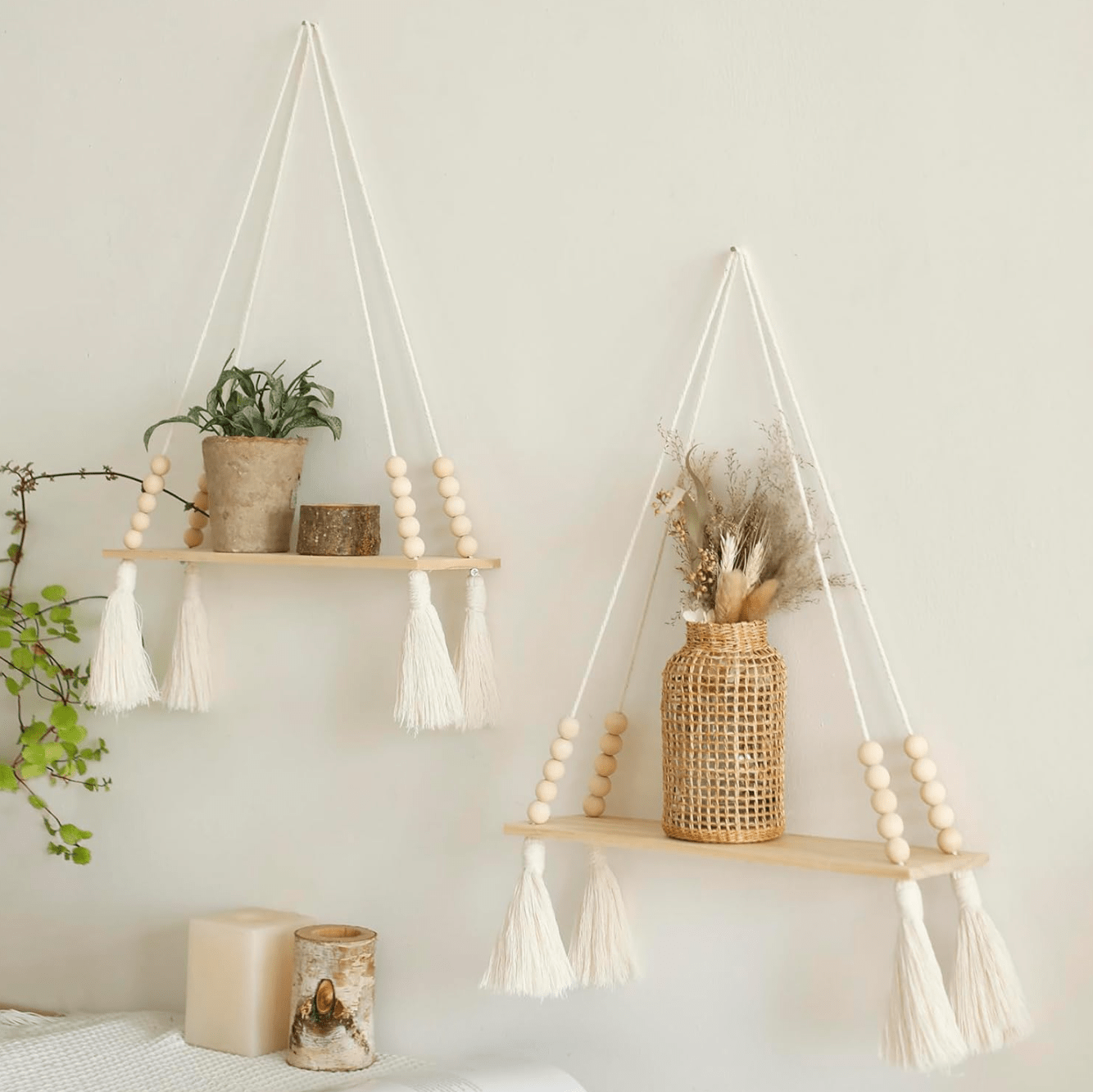 2-Pack Boho Macrame Wooden Wall Shelves: Handmade Rustic Floating Plant Shelves with Tassels