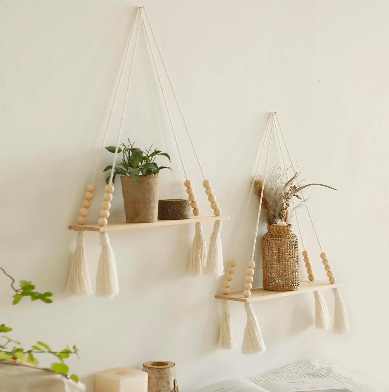 2-Pack Boho Macrame Wooden Wall Shelves: Handmade Rustic Floating Plant Shelves with Tassels Beige Tassel