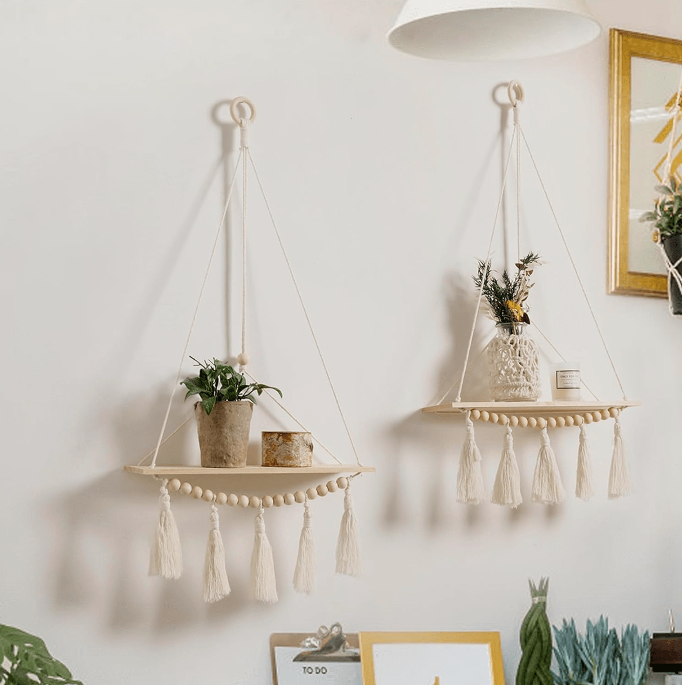 2-Pack Boho Macrame Wooden Wall Shelves: Handmade Rustic Floating Plant Shelves with Tassels Whit Tassel