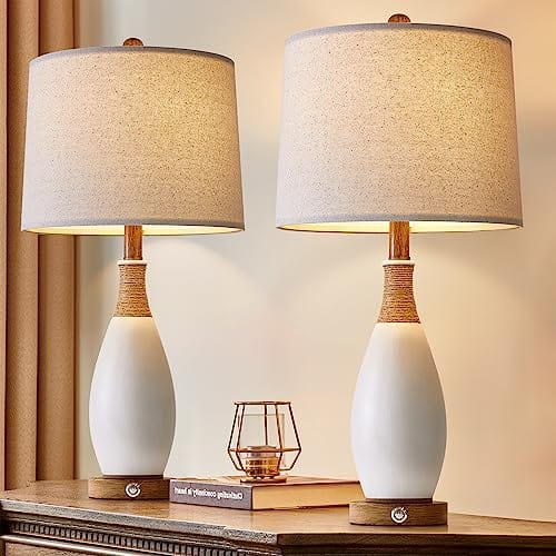 24.5” Dimmable Touch Control Table Lamps Set of 2 with USB and Type-C Ports – Modern Farmhouse Nightstand Lamps for Bedroom and Living Room