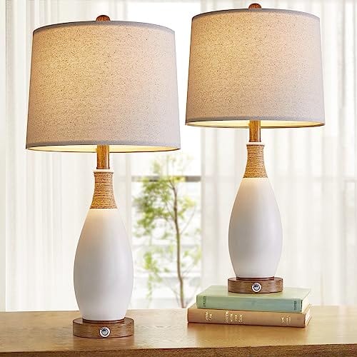 24.5” Dimmable Touch Control Table Lamps Set of 2 with USB and Type-C Ports – Modern Farmhouse Nightstand Lamps for Bedroom and Living Room