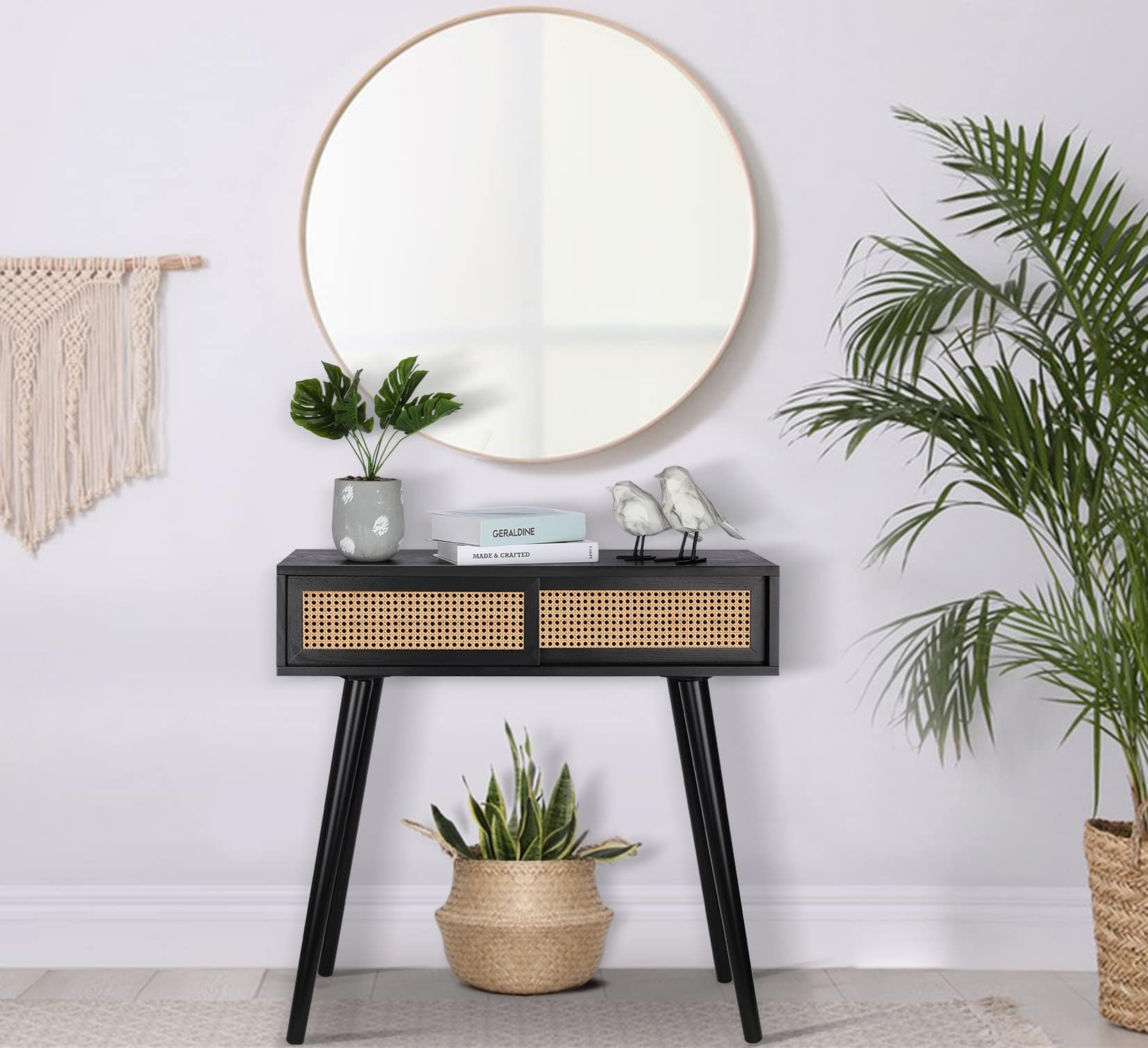 31" Rattan Console Table | Small Entryway Vanity Desk with Storage | Modern Black Narrow Hallway Sofa Table for Living Room