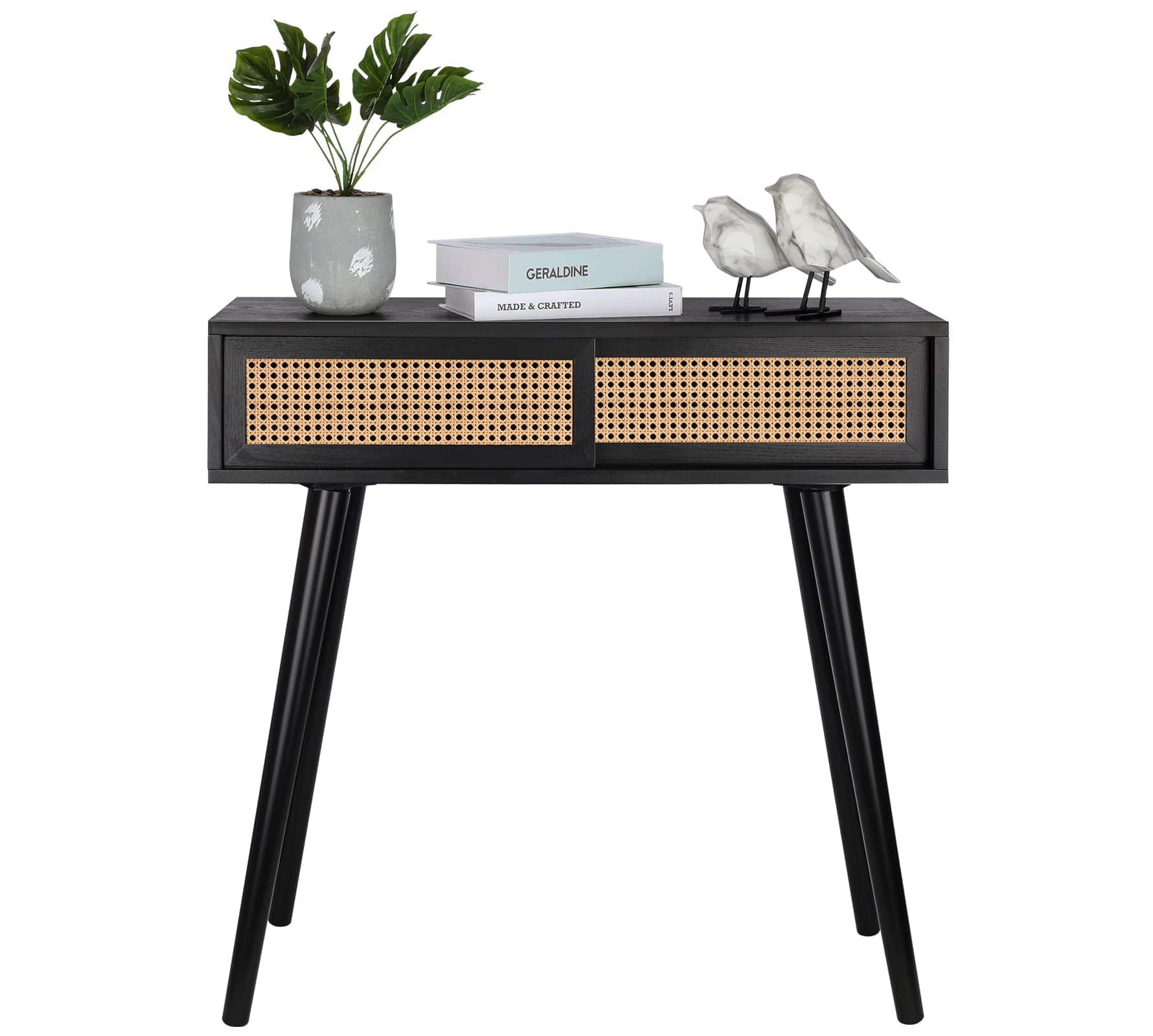 31" Rattan Console Table | Small Entryway Vanity Desk with Storage | Modern Black Narrow Hallway Sofa Table for Living Room