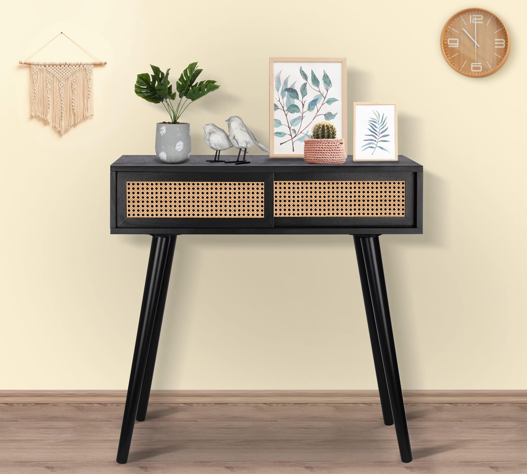 31" Rattan Console Table | Small Entryway Vanity Desk with Storage | Modern Black Narrow Hallway Sofa Table for Living Room