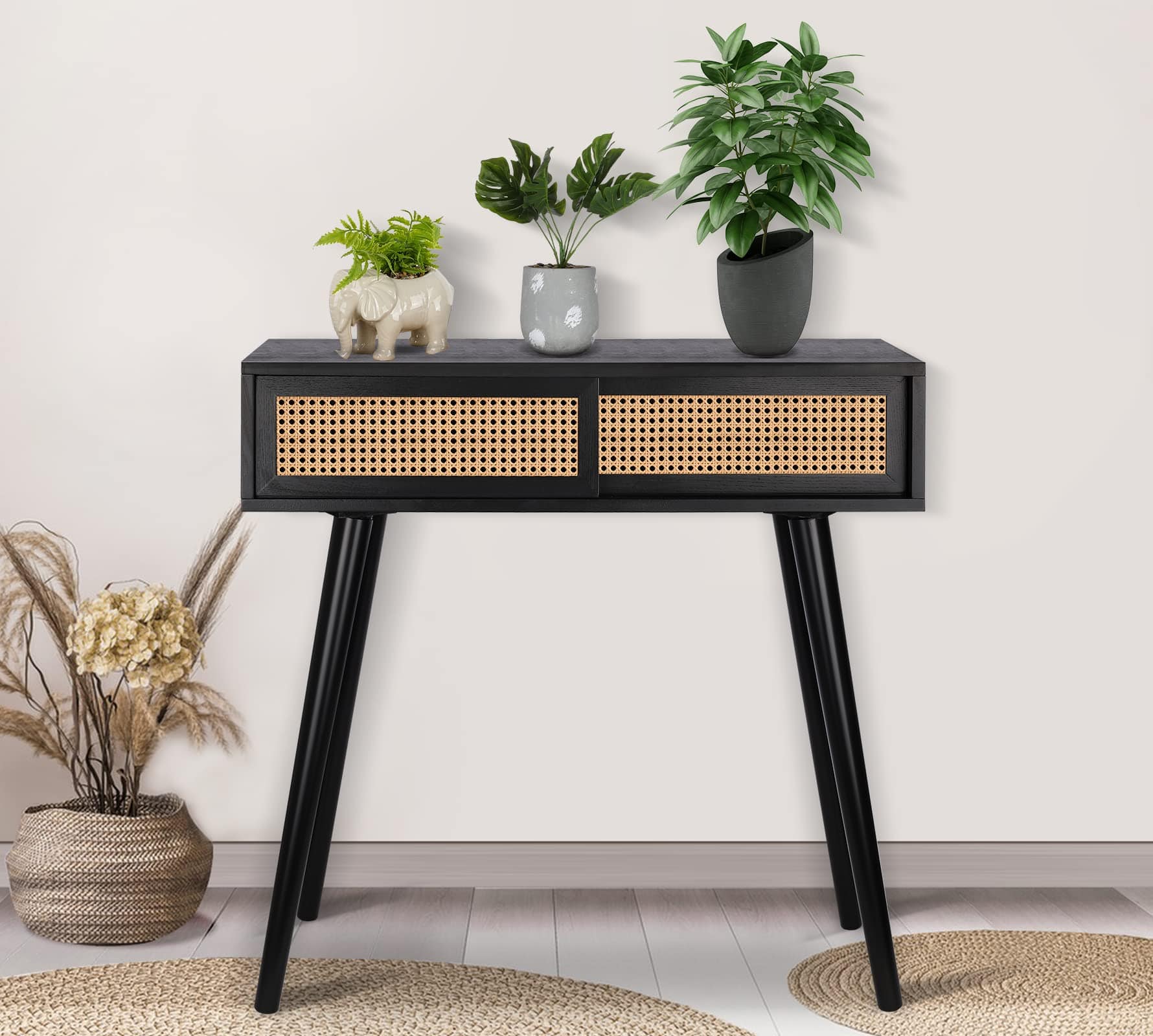 31" Rattan Console Table | Small Entryway Vanity Desk with Storage | Modern Black Narrow Hallway Sofa Table for Living Room