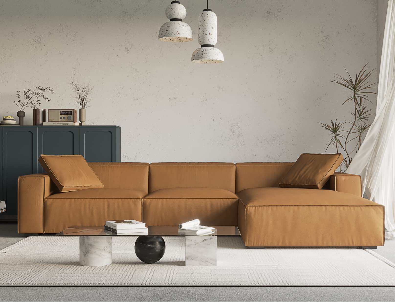 Amber Brown L-Shaped Deep Sectional Sofa – Modern Minimalist Corner Couch with Chaise for Living Room