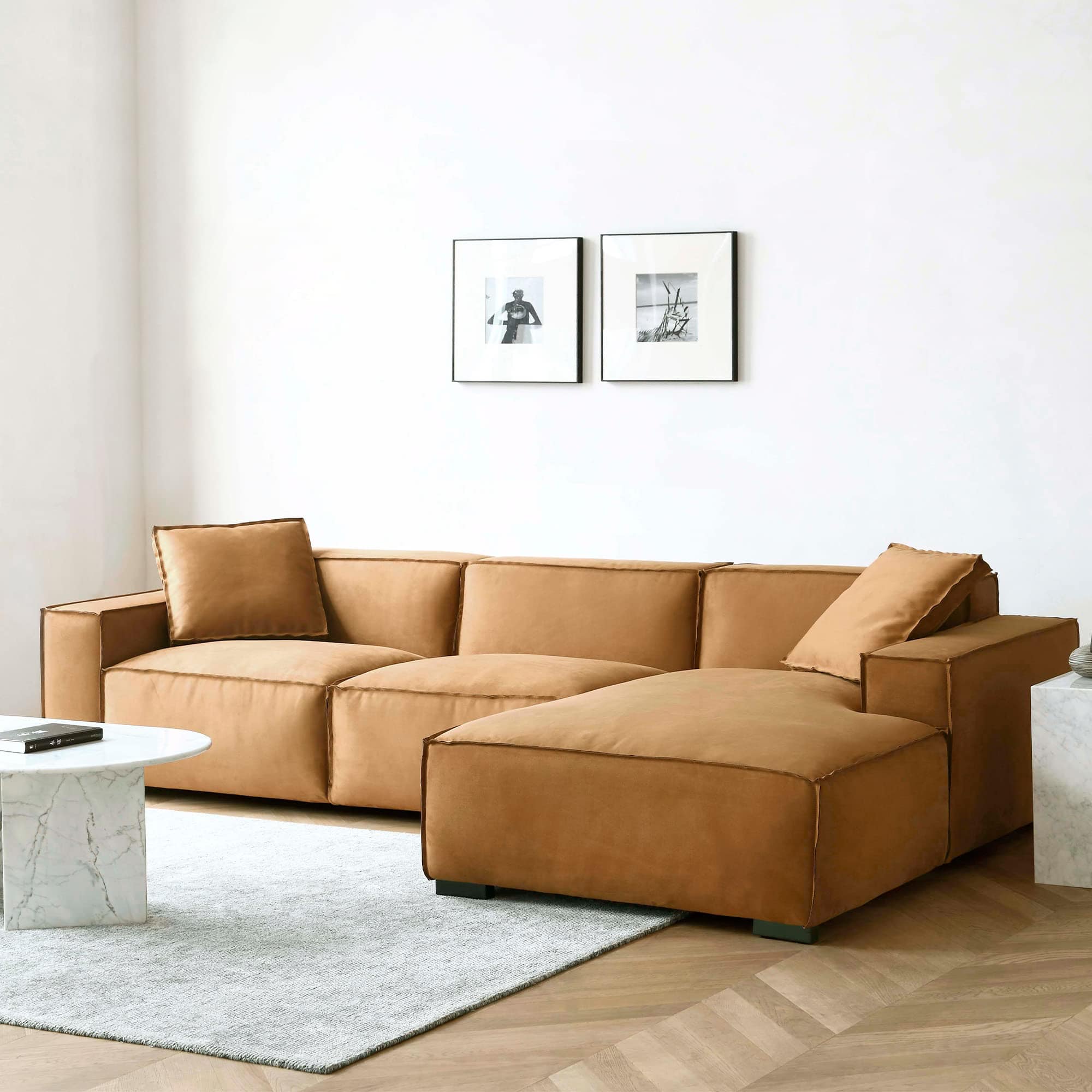 Amber Brown L-Shaped Deep Sectional Sofa – Modern Minimalist Corner Couch with Chaise for Living Room