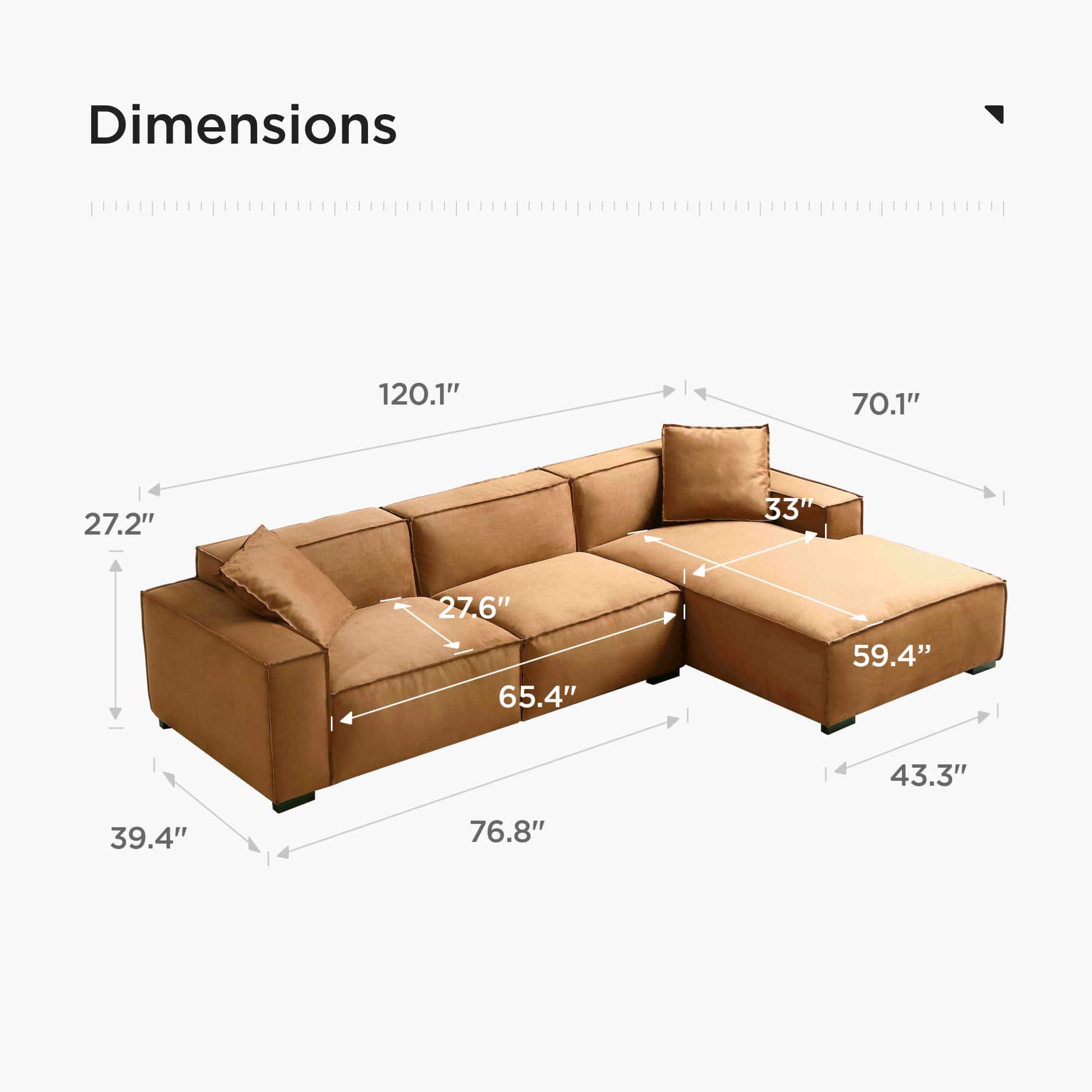 Amber Brown L-Shaped Deep Sectional Sofa – Modern Minimalist Corner Couch with Chaise for Living Room