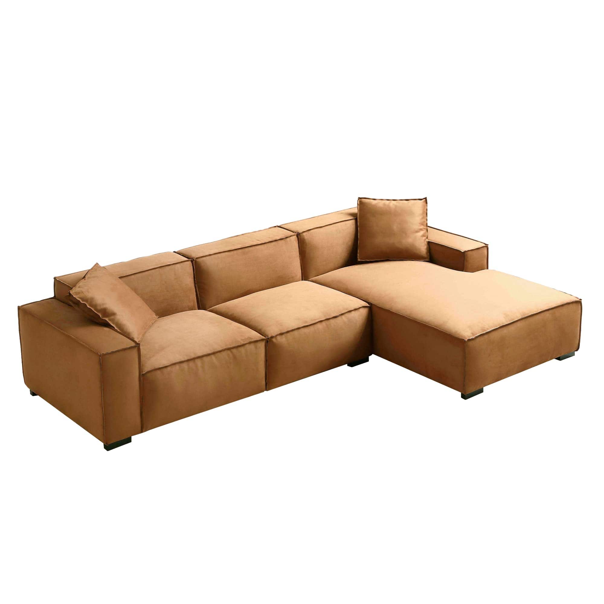 Amber Brown L-Shaped Deep Sectional Sofa – Modern Minimalist Corner Couch with Chaise for Living Room