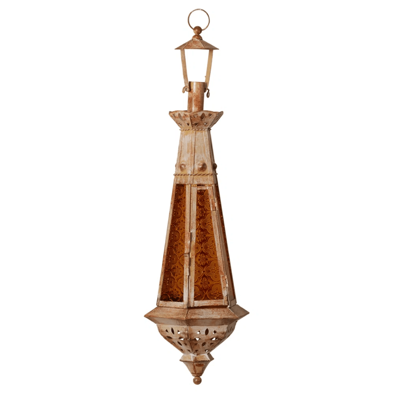 Amber Glass Teardrop Candle Lantern – Moroccan-Inspired Metal Accent for Home Decor