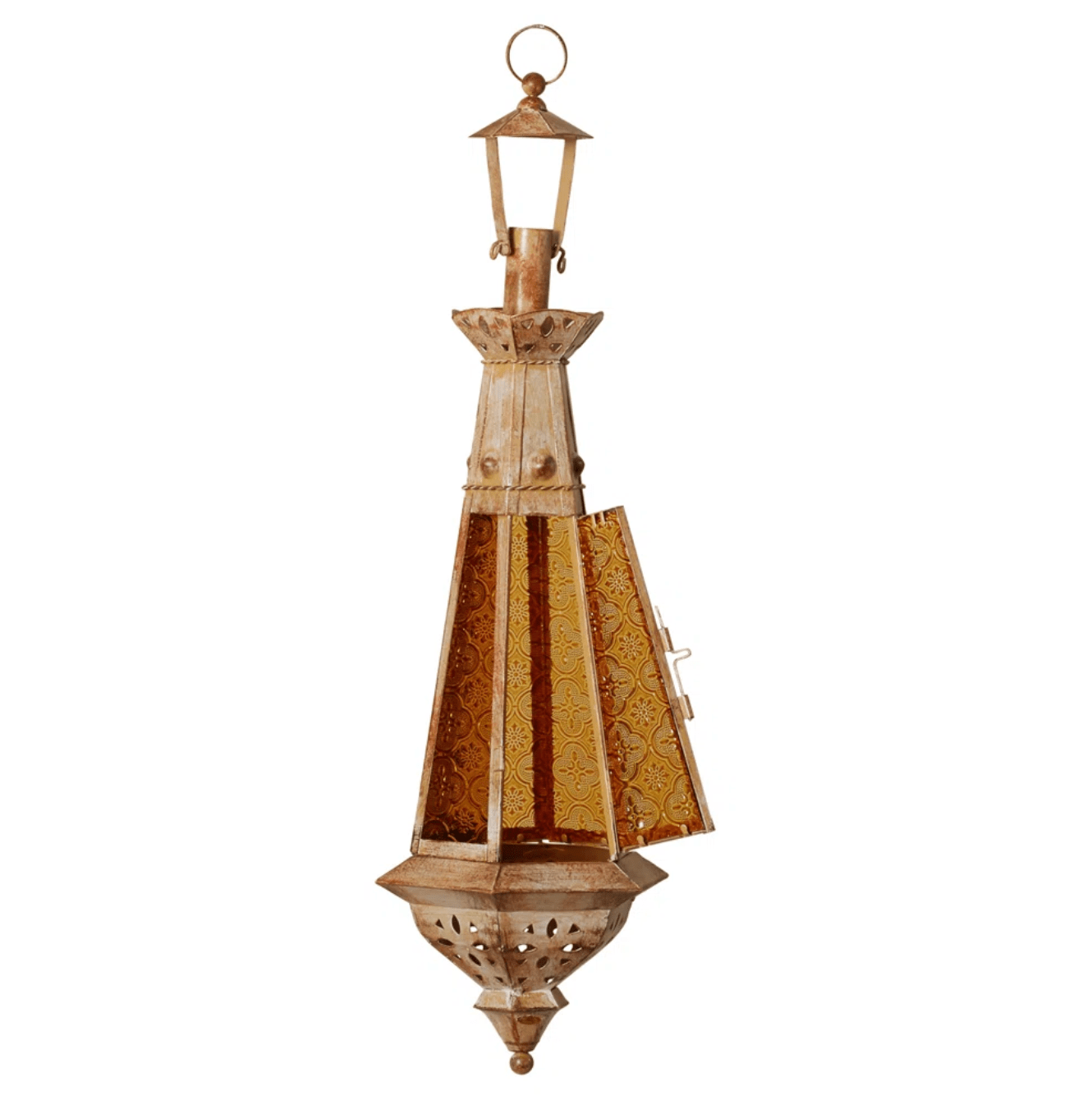 Amber Glass Teardrop Candle Lantern – Moroccan-Inspired Metal Accent for Home Decor