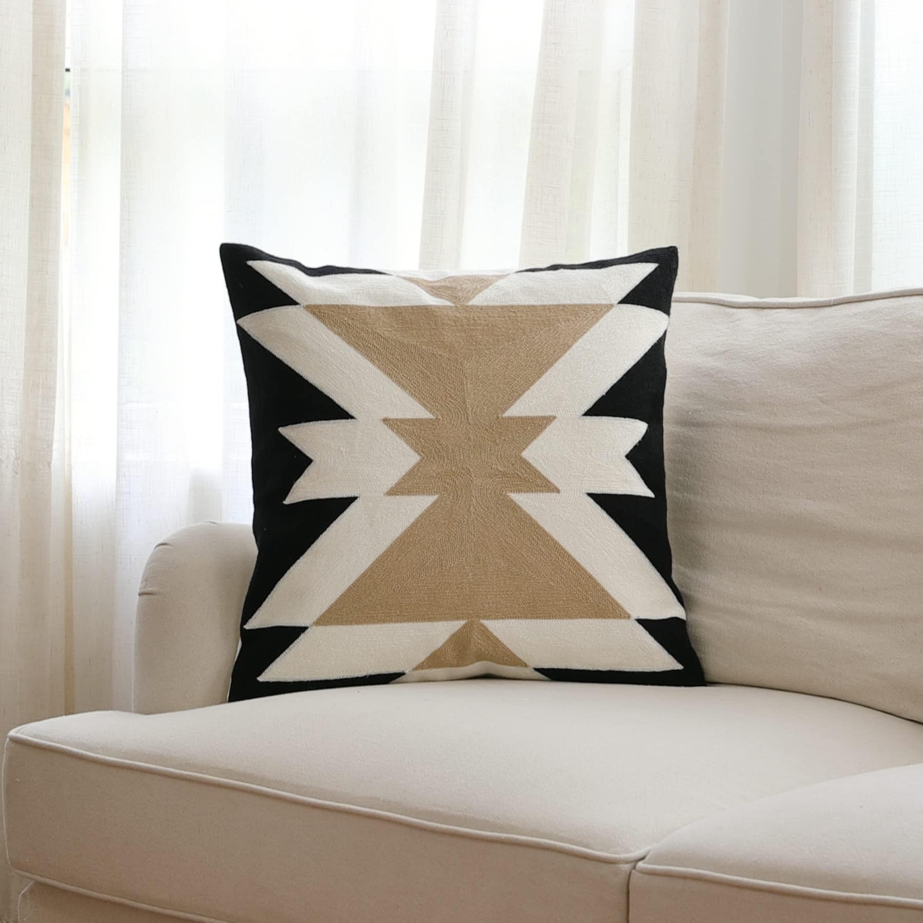 Aztec Embroidery Throw Pillow Cover, 18x18 Inch, Boho Tribal Geometric Cushion Case, Modern Farmhouse Decor, Black White Coffee, Cotton Canvas Pillowcase for Couch Sofa Bed