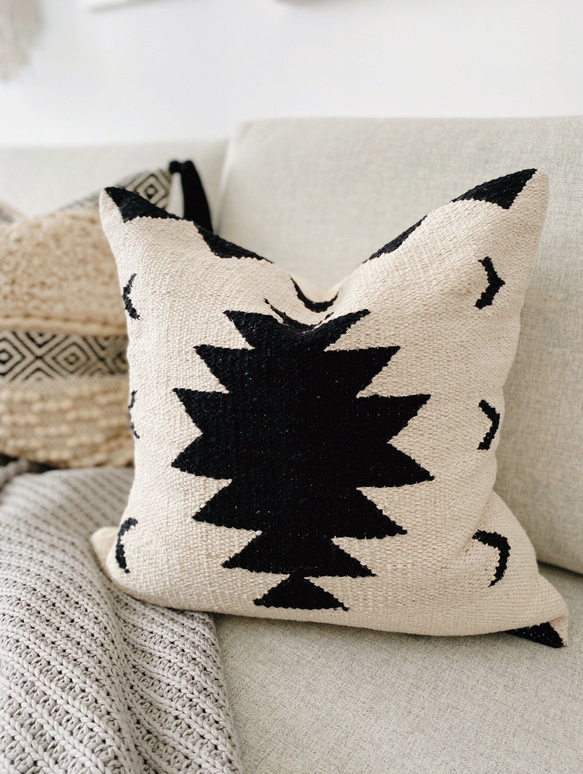 Black & Cream Kilim Pillow Cover, 20x20 Inches, Handwoven 100% Cotton Decorative Cushion Cover