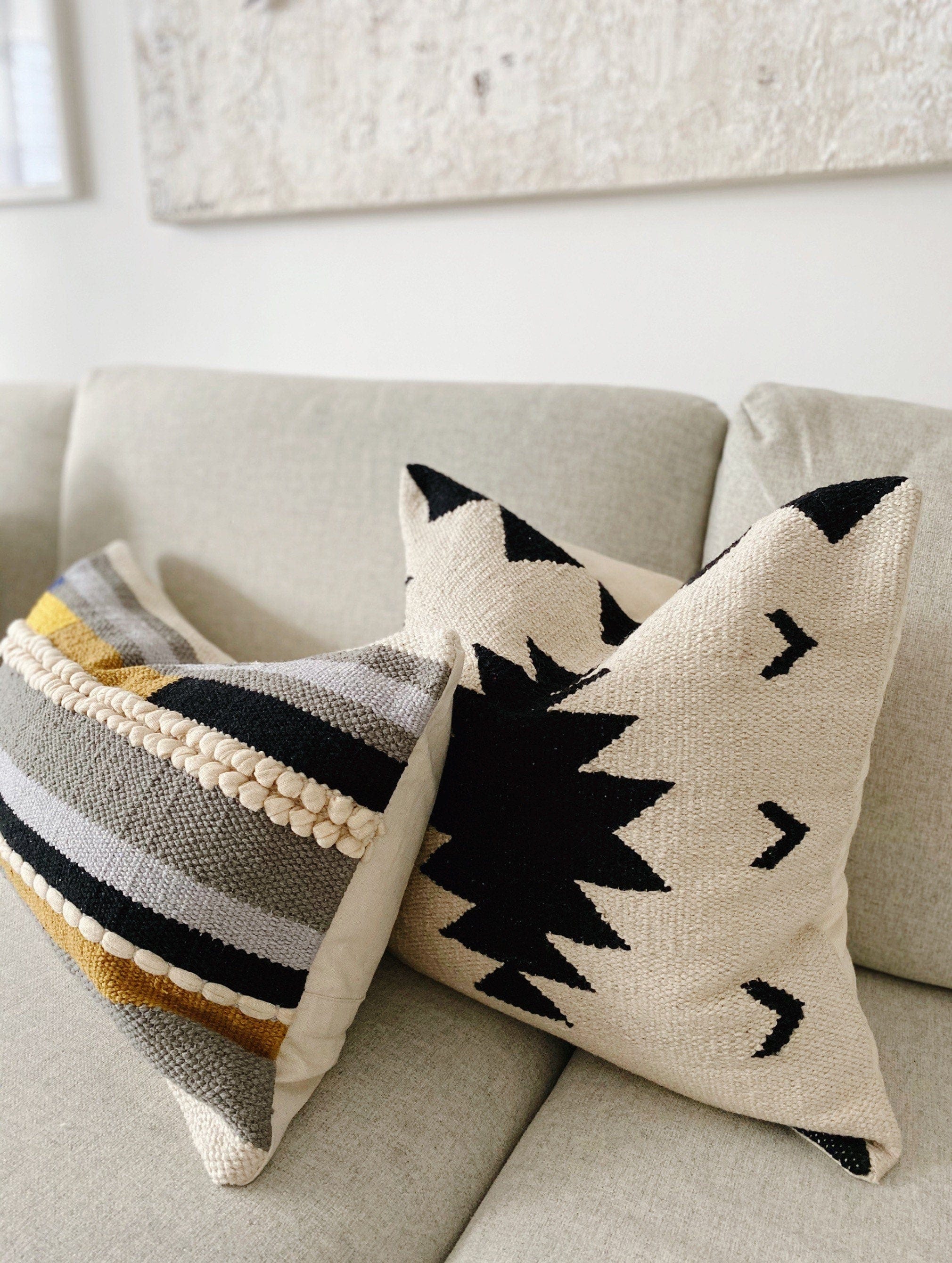 Black & Cream Kilim Pillow Cover, 20x20 Inches, Handwoven 100% Cotton Decorative Cushion Cover