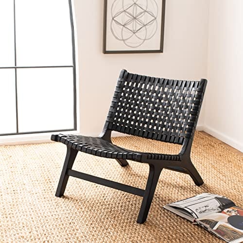 Black Leather Woven Accent Chair with Sungkai Wood Frame