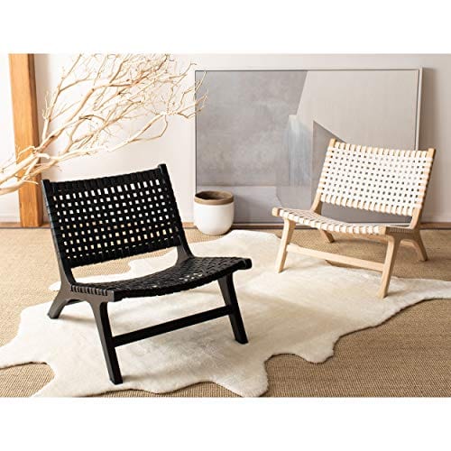 Black Leather Woven Accent Chair with Sungkai Wood Frame