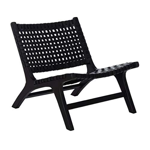 Black Leather Woven Accent Chair with Sungkai Wood Frame