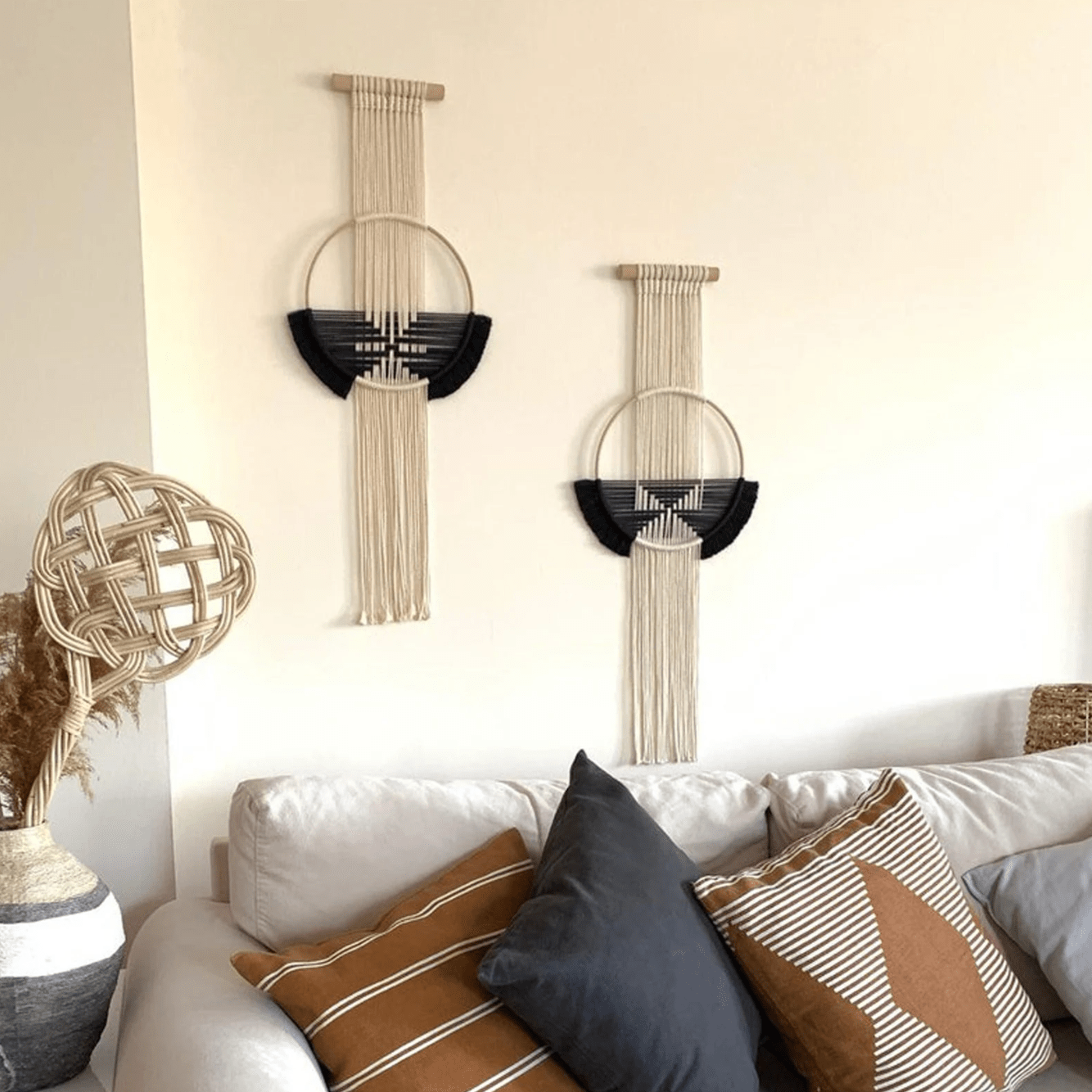 Black Macrame Wall Hanging Set - Handwoven Cotton Rope Home Decor - Perfect for Living Room, Bedroom, and Bohemian Themes