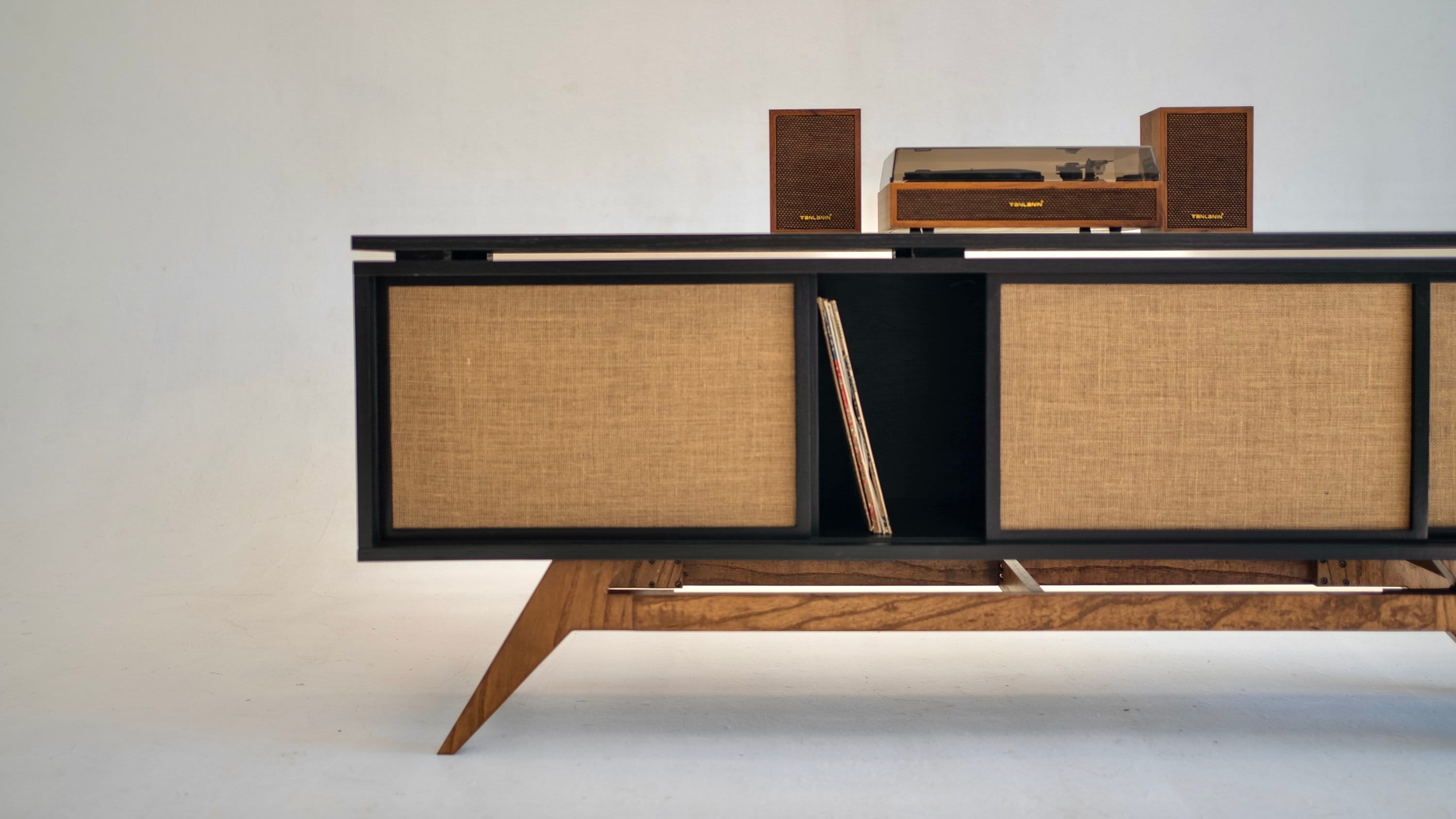 Black Oak Mid-Century Modern Record Player Vinyl Storage Stand | 56" Wide | Rustic Burlap Doors | Sturdy Construction