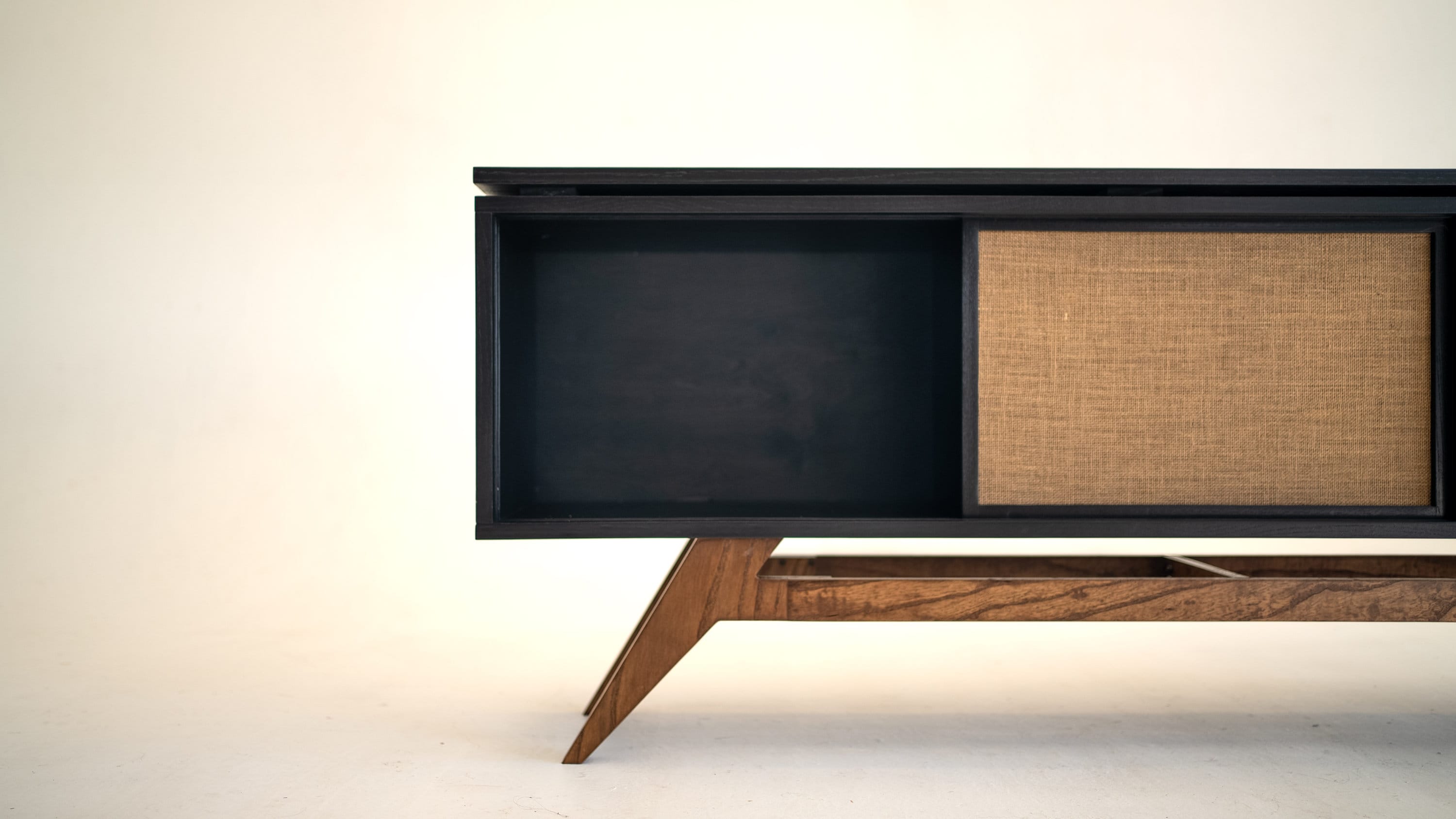 Black Oak Mid-Century Modern Record Player Vinyl Storage Stand | 56" Wide | Rustic Burlap Doors | Sturdy Construction