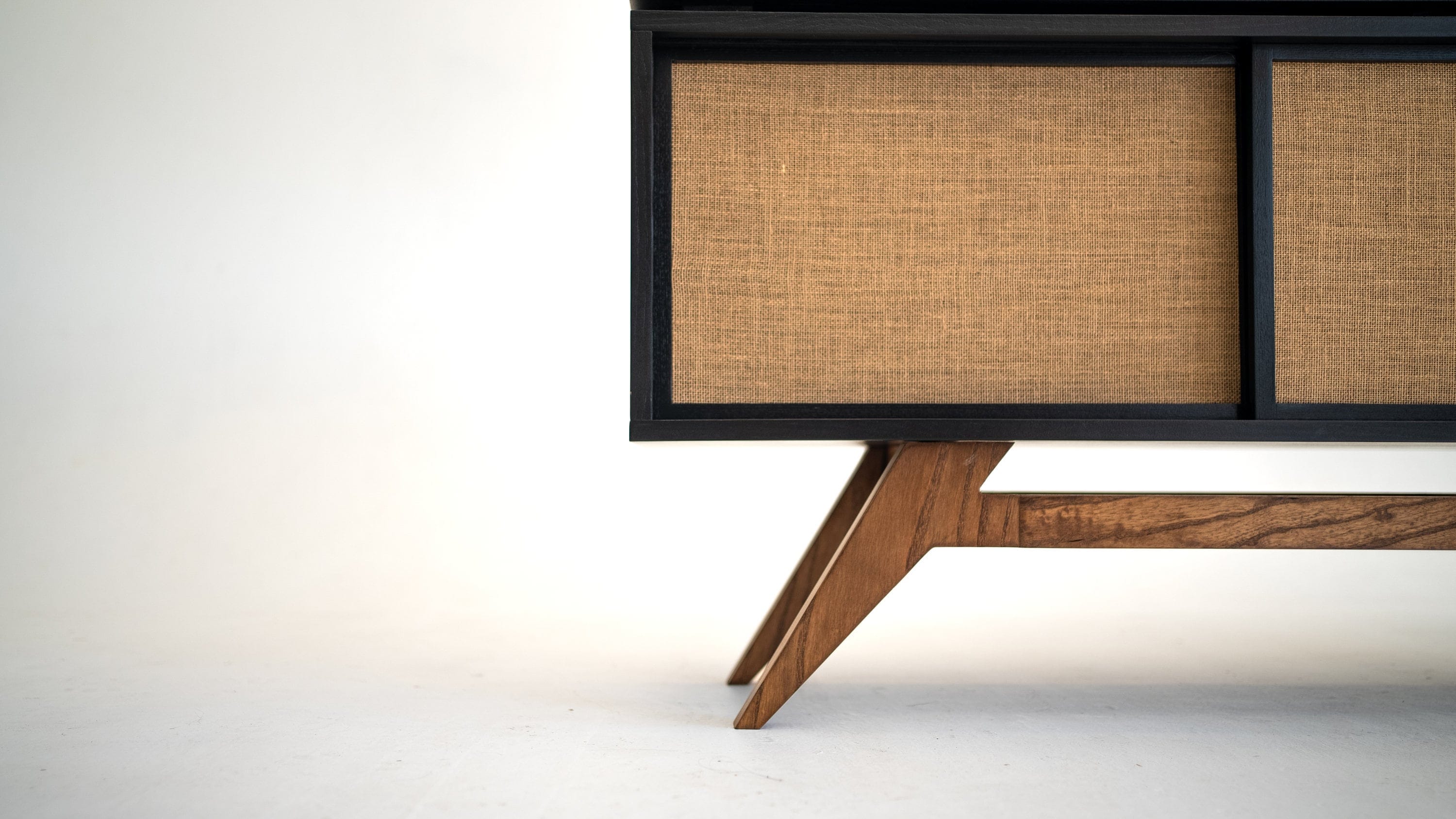 Black Oak Mid-Century Modern Record Player Vinyl Storage Stand | 56" Wide | Rustic Burlap Doors | Sturdy Construction