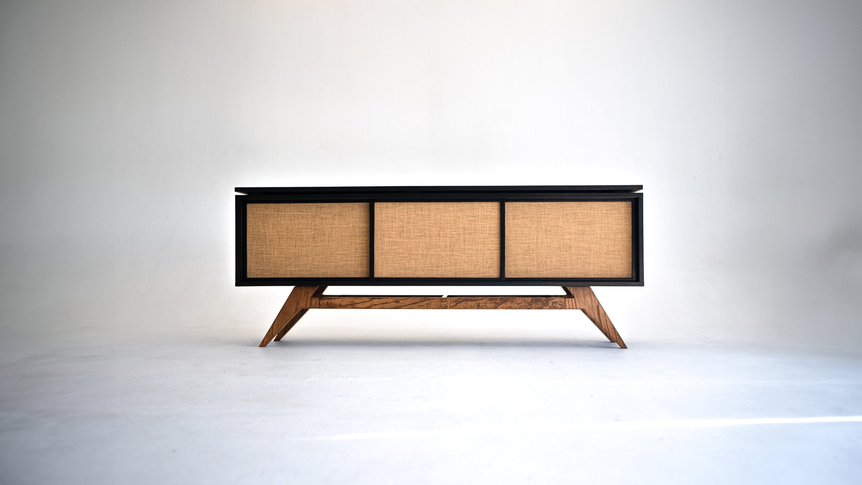 Black Oak Mid-Century Modern Record Player Vinyl Storage Stand | 56" Wide | Rustic Burlap Doors | Sturdy Construction