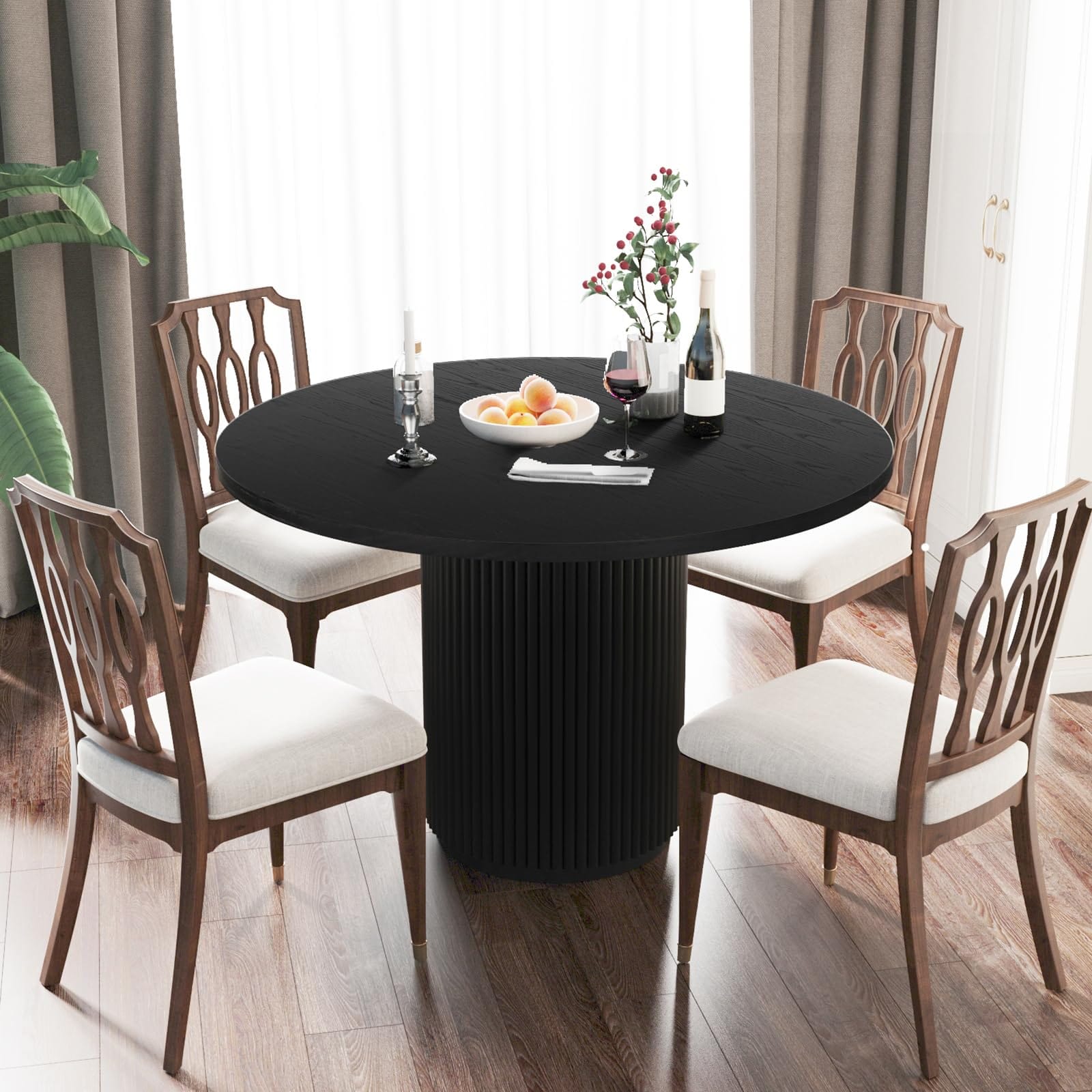 Black Solid Round Wooden Dining Table with Pedestal Base – 40" Kitchen Table for 2-4 Adults