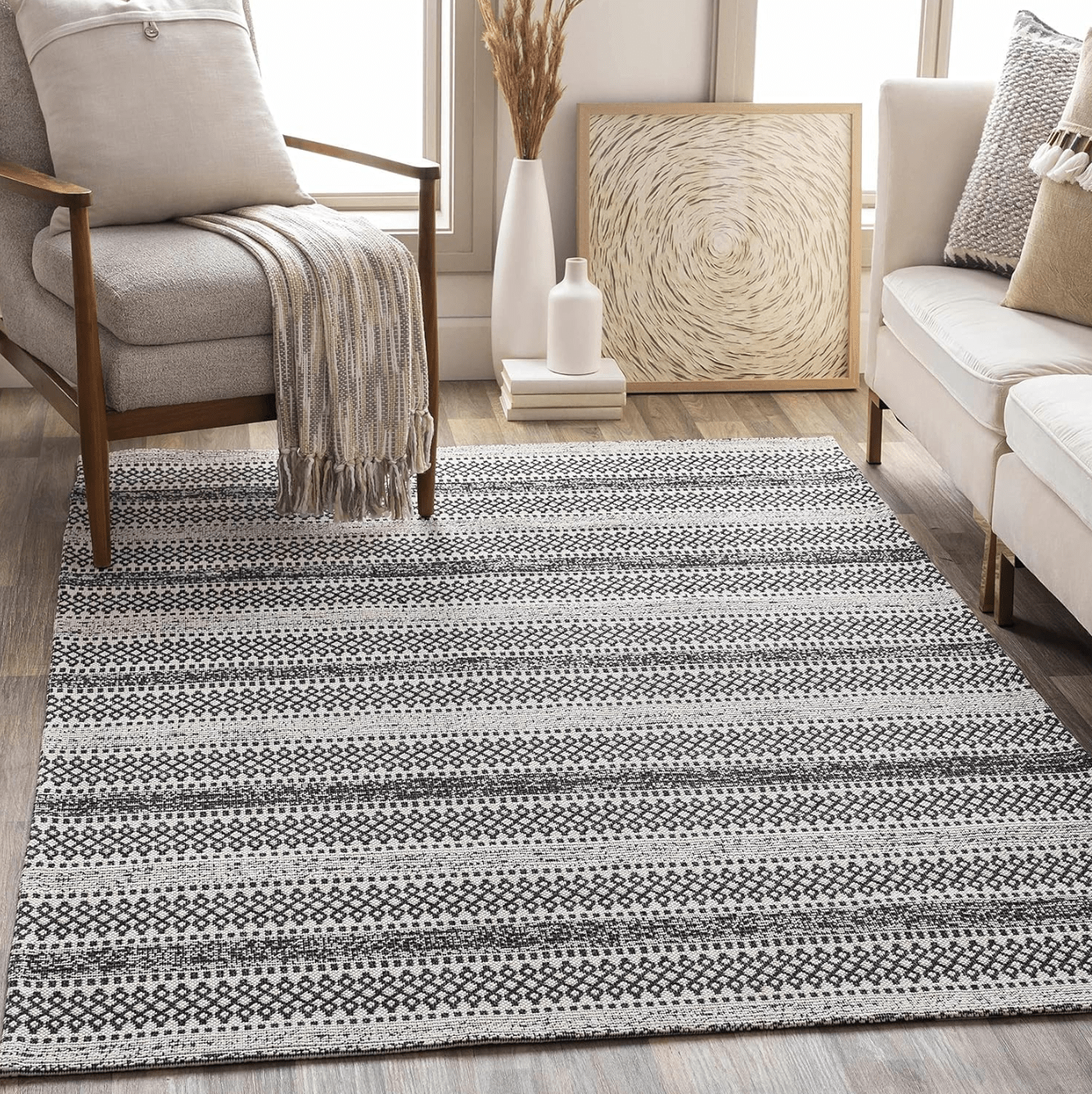 Bohemian Black and Cream Area Rug - 6'7" x 9' Modern Cotton Rug for Living Room, Bedroom or Kitchen