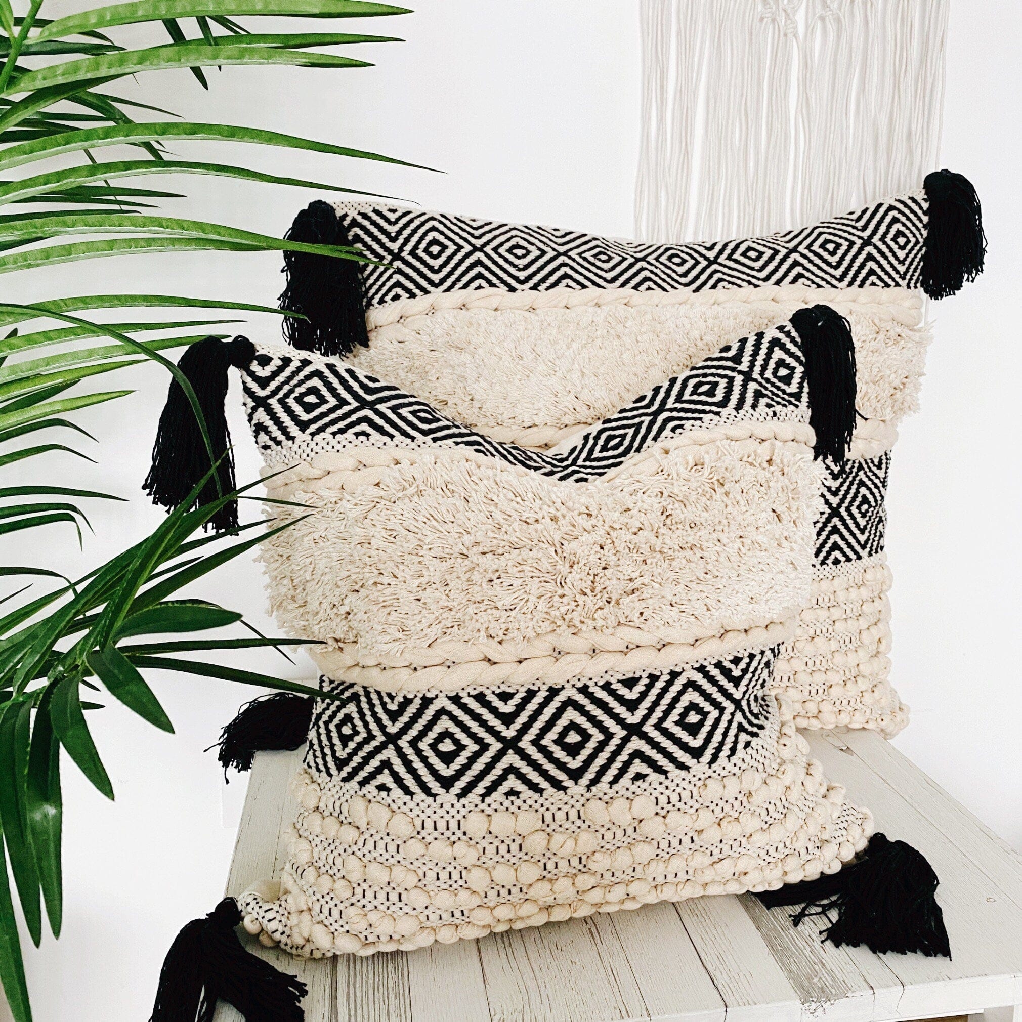 Bohemian Black & Cream Handwoven Cotton Pillow Cover with Tassels - Moroccan Pillow Cover 20"x20"