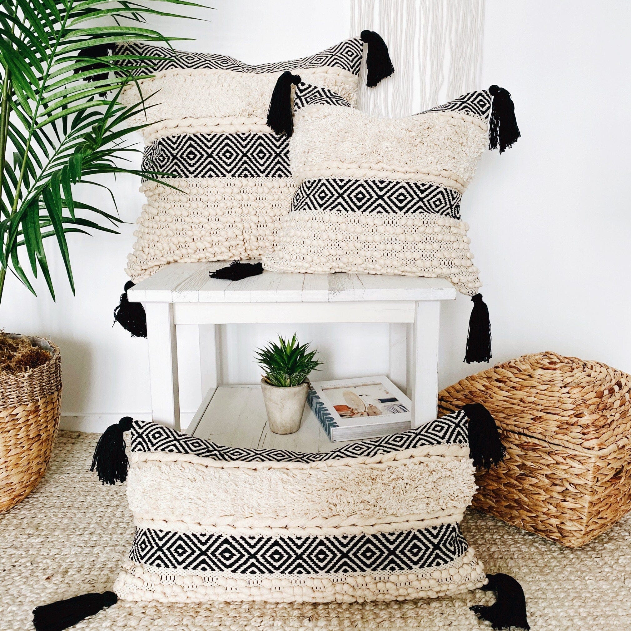 Bohemian Black & Cream Handwoven Cotton Pillow Cover with Tassels - Moroccan Pillow Cover 20"x20"