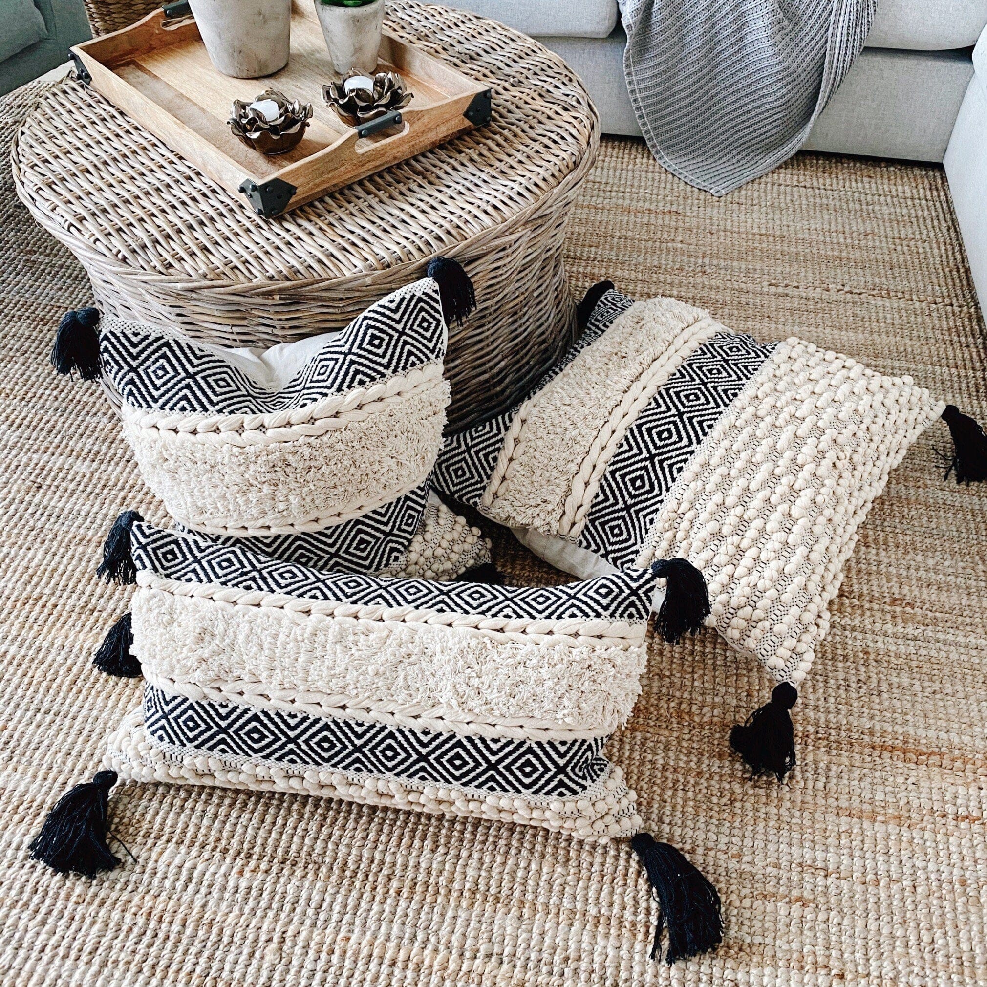 Bohemian Black & Cream Handwoven Cotton Pillow Cover with Tassels - Moroccan Pillow Cover 20"x20"