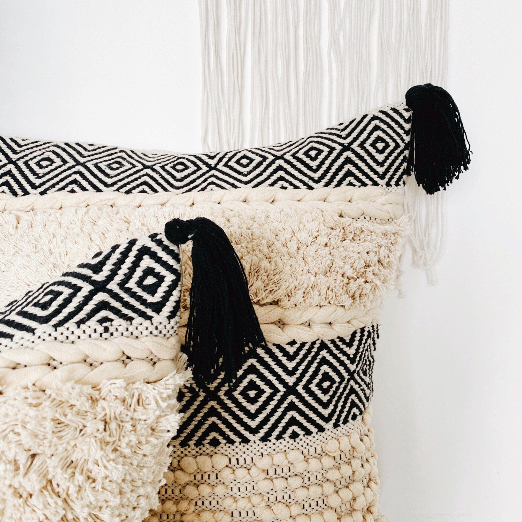 Bohemian Black & Cream Handwoven Cotton Pillow Cover with Tassels - Moroccan Pillow Cover 20"x20"