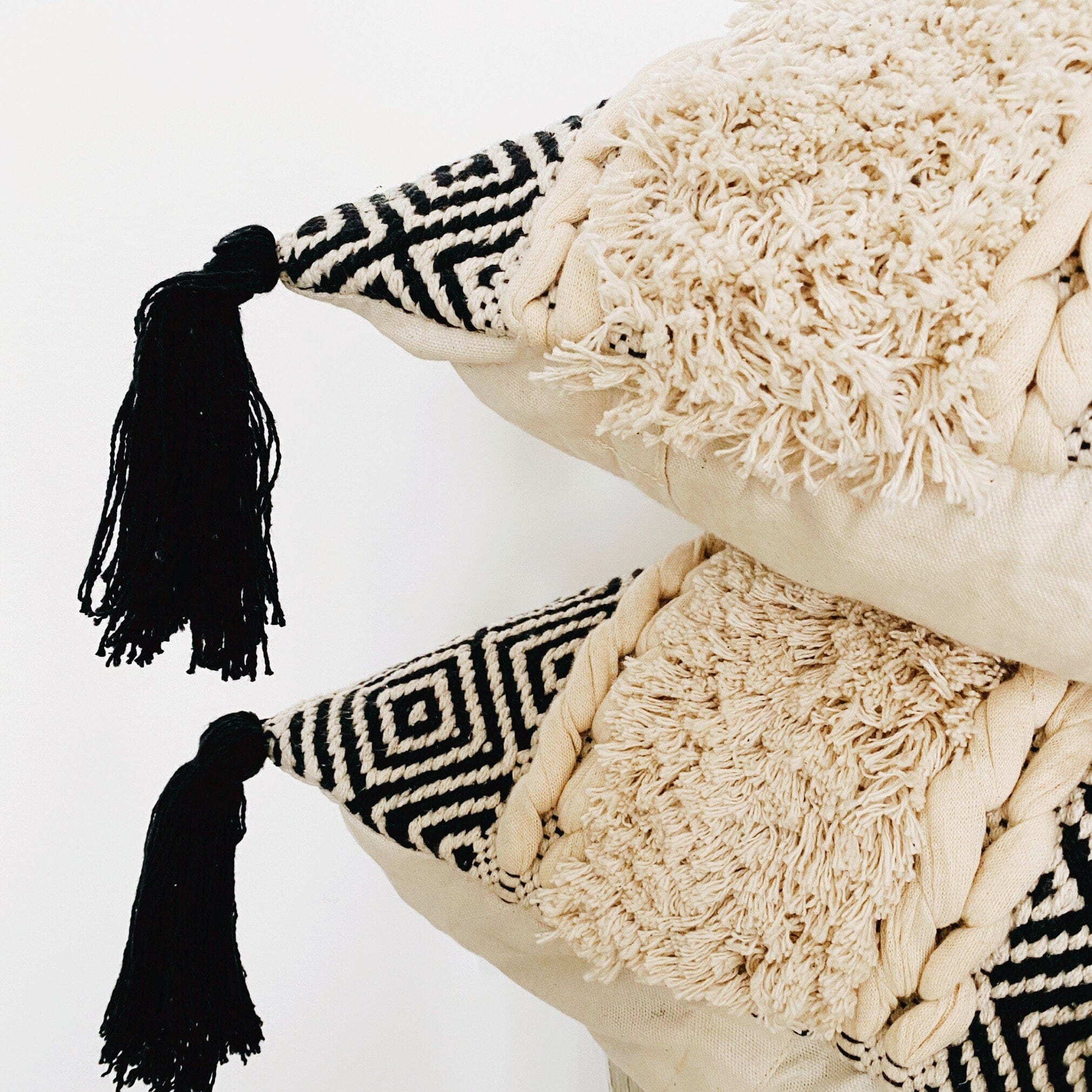 Bohemian Black & Cream Handwoven Cotton Pillow Cover with Tassels - Moroccan Pillow Cover 20"x20"