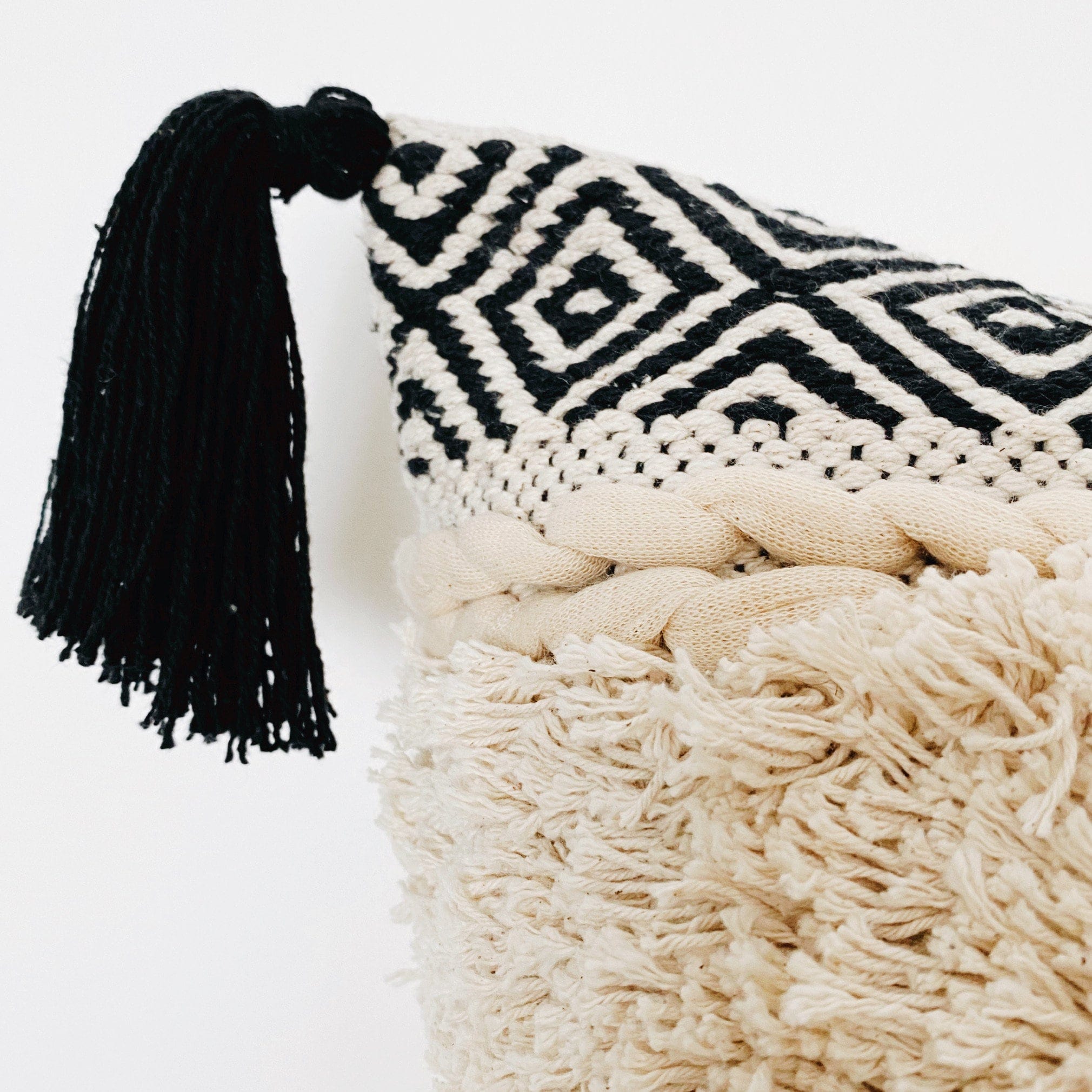 Bohemian Black & Cream Handwoven Cotton Pillow Cover with Tassels - Moroccan Pillow Cover 20"x20"