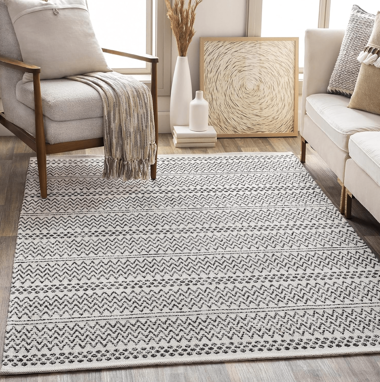 Bohemian Cream Area Rug - 8x10 Modern Black/Cream/White Carpet for Living Room, Bedroom, Kitchen (7'10" x 10'2")