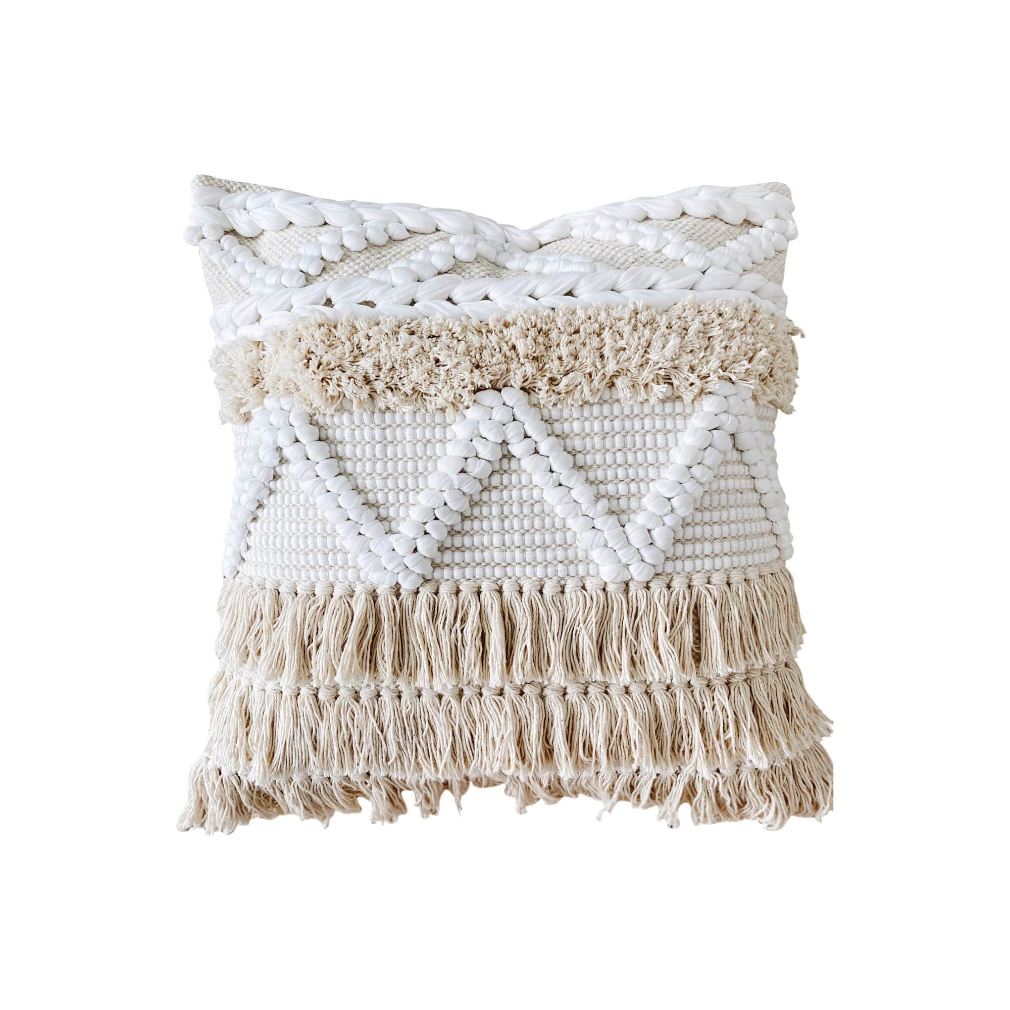 Bohemian Fringe Pillow Cover, 100% Woven Cotton, Hand Made in India - Available in Multiple Sizes, Neutral & White Boho Throw Pillow Cover