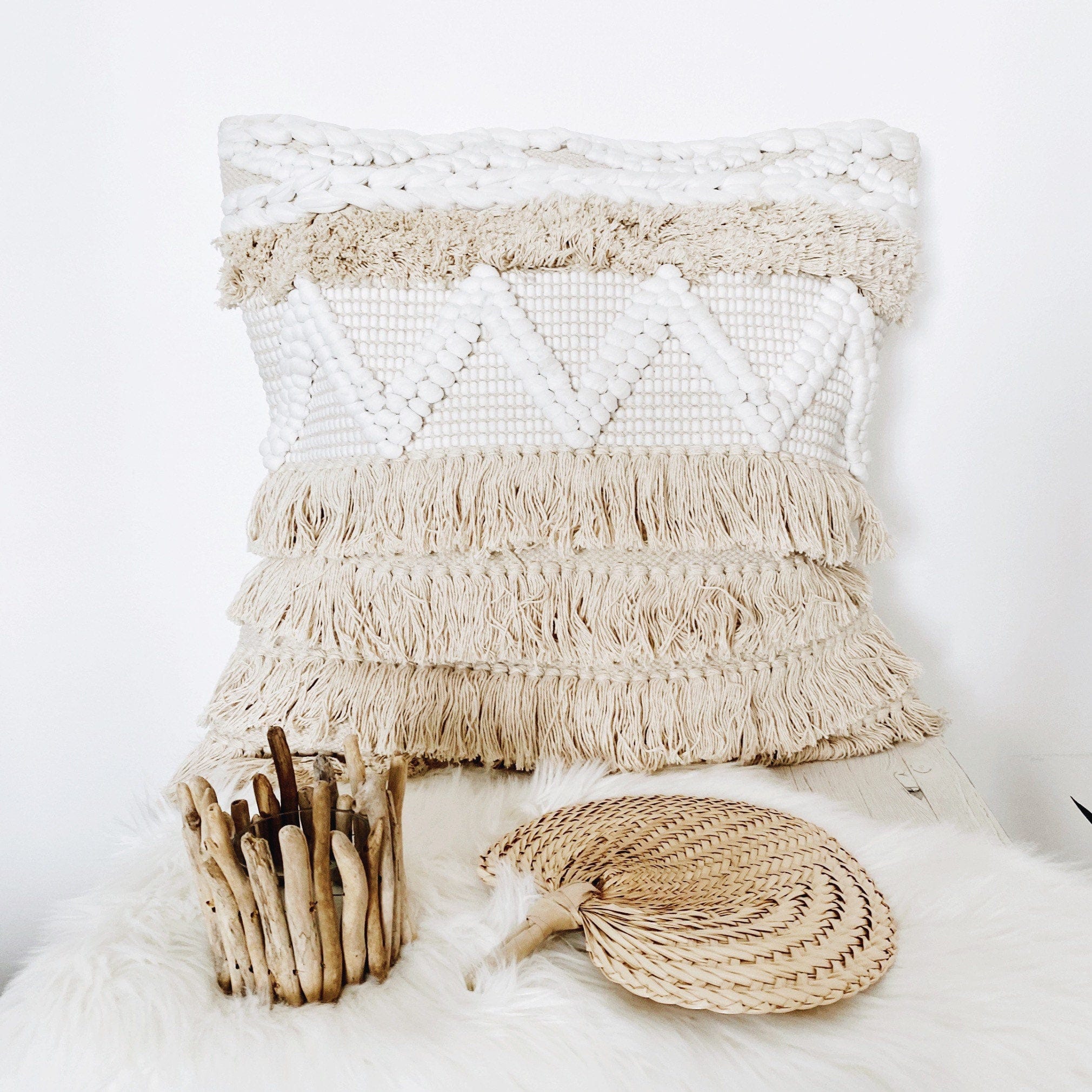 Bohemian Fringe Pillow Cover, 100% Woven Cotton, Hand Made in India - Available in Multiple Sizes, Neutral & White Boho Throw Pillow Cover