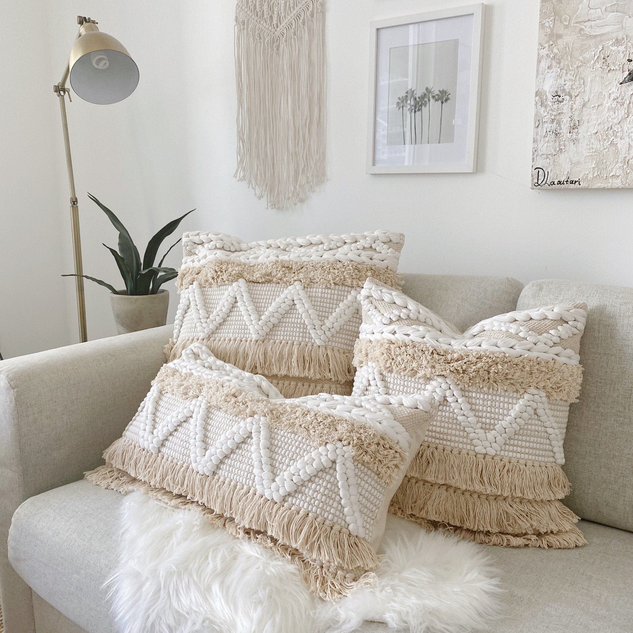 Bohemian Fringe Pillow Cover, 100% Woven Cotton, Hand Made in India - Available in Multiple Sizes, Neutral & White Boho Throw Pillow Cover Cover 20"x20"