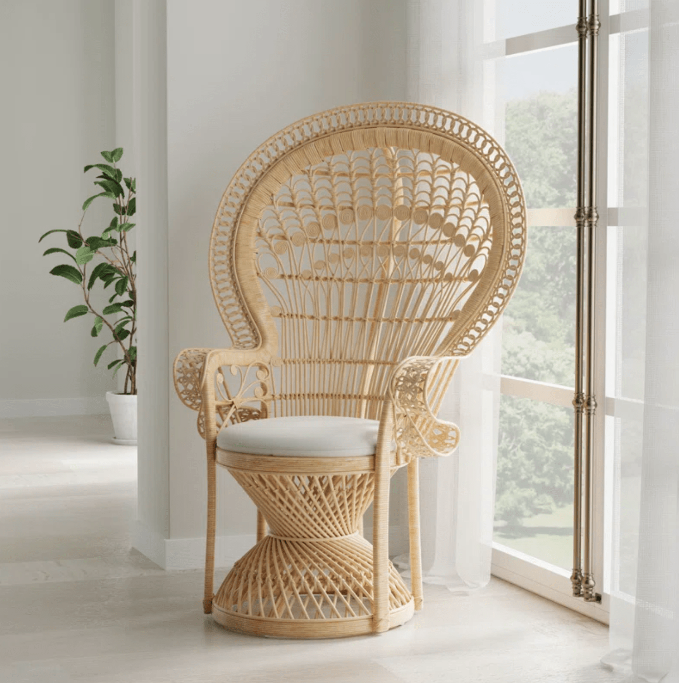 Bohemian Grand Peacock Chair - Hand-Woven Rattan with Seat Cushion, Natural Finish, Large Size